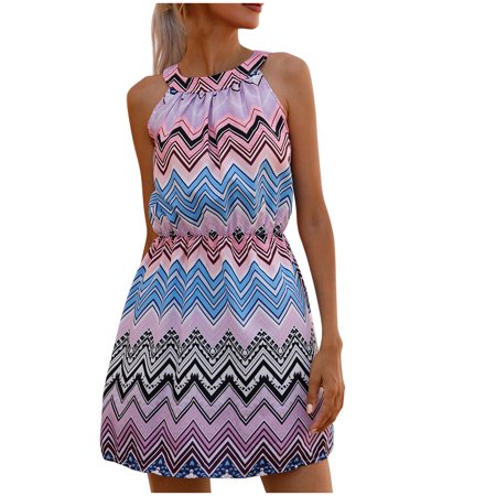 Casual Summer Dresses 2022 Women S Summer Boho Print Dress Halterneck Sleeveless Beach Dress Sun Dress Mini Dress Trendy Summer Dresses 2658