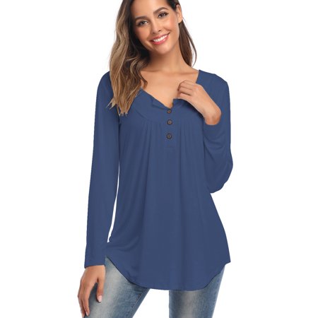 Women S New Style V-neck Button Long-sleeved Solid Color Loose T-shirt OLRIK 5588