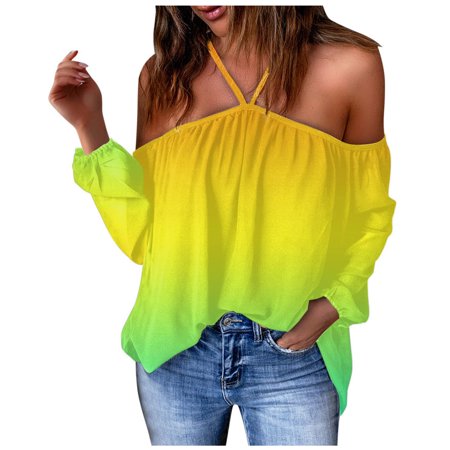 Onlywo Womens Tops Dressy Casual  Fashion Women S Summer Long Sleeve Blouse Sexy Off Shoulder Cross Halter Neck Shirt Gradient Print Loose Comfy Tops