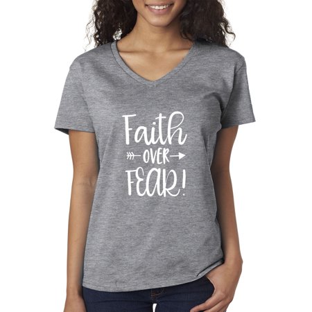 True Way 1253 - Women S V-Neck T-Shirt Faith Over Fear Script Small Heather Grey