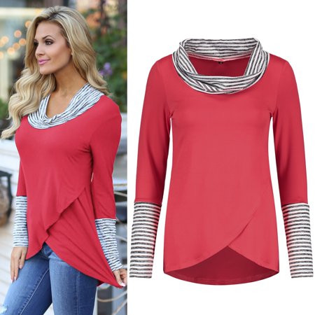 Women S Striped High Neck Color Blocking Irregular Hem Long Sleeve T-Shirt OLRIK 2292