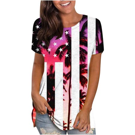 Onlywo Women S Casual Short Sleeve T Shirt Independence Day Flag Print Round Neck Pullover Loose Comfy Blouse Tops