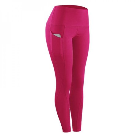 MEROTABLE Women Pants Stretch Compression Sportswear Leggings with Pocket Rose Red L