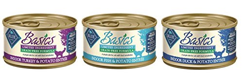 Blue Buffalo Blue Basics Sensitive Solution Grain Free Adult Cat Food 3 Flavor Variety 6 Can Bundle: (2) Blue Basics Duck & Potato Cat Entrees, (2