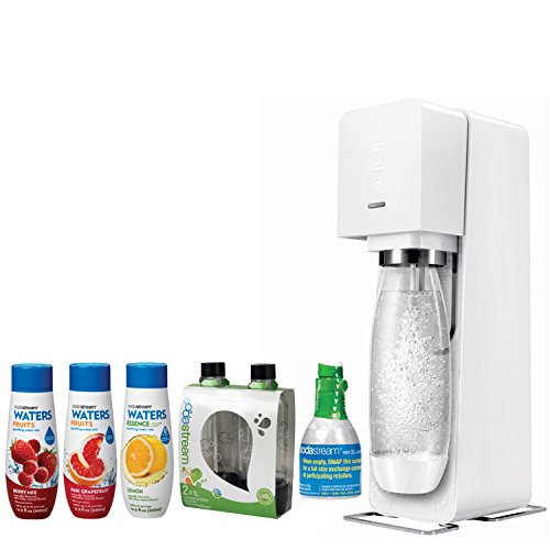 SodaStream Source Home Soda Maker Starter Kit, White, 1L Carbonating Bottles Black, Water Fruits W/ Berry Mix & Pink Grapefruit Flavor & Water