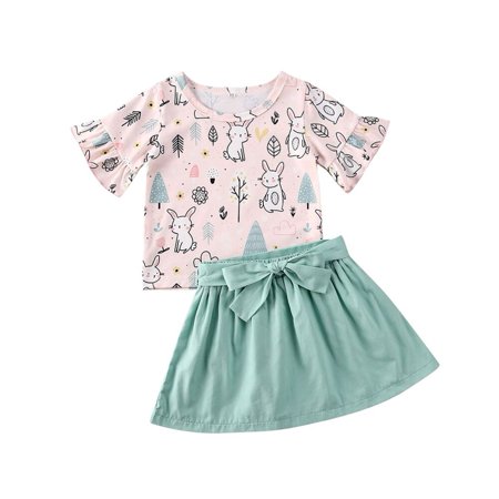 LA HIEBLA 2Pcs Baby Girls Easter Outfit  Bunny Print Flare Short Sleeve Tops + Bowknot Green Skirts Set