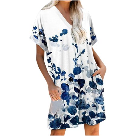 Womens Summer Dresses 2022 Women S Fashion V Neck Printed Short Sleeves Suspenders Pockets Pullover Dress Casual Dresses for Women 0255