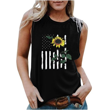 Onlywo Shirts for Women Trendy Casual  Women S Summer Casual Sleeveless T Shirt Round Neck Independence Day Print Trendy Loose Comfortable Tank Tops B
