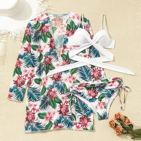 Women Bikini Set Summer Swimsuit Push up Bra Printed Briefs Long Sleeve Sun Protection Cardigan Female Swimwear Set Beach Bathing Suits Women 3-peice 