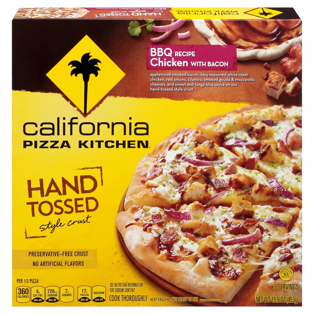 BBQ RECIPE CHICKEN WITH BACON APPLEWOOD-SMOKED BACON, BBQ-SEASONED WHITE MEAT CHICKEN, RED ONIONS, CILANTRO, SMOKED GOUDA & MOZZARELLA CHEESES, AND SWEET AND TANGY BBQ SAUCE ON OUR HAND-TOSSED STYLE CRUST PIZZA, BBQ RECIPE CHICKEN WITH BACON