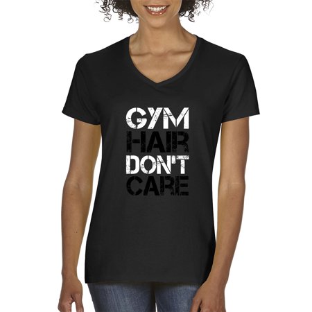 True Way 1455 - Women S V-Neck T-Shirt Gym Hair Don T Care Workout Exercise Fitness Health Small Black