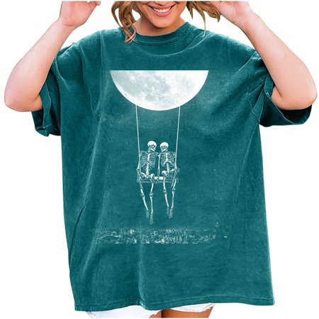 Onlywo Blouses for Women Trendy  Women S Vintage Drop Shoulder Short Sleeve Tops Round Neck Loose Comfy Pullover Skull Moon Print Trendy T Shirt Blous