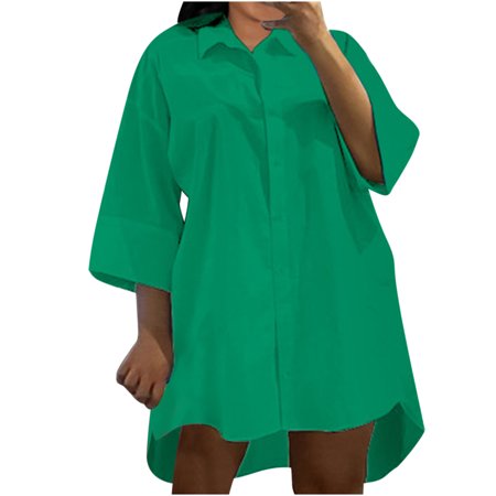Womens Dresses Sun Dress Button Down Shirt Women Three Quarter Sleeve Turndown Collar Solid Casual Loose Dress Dresses Sundresses for Women 0700