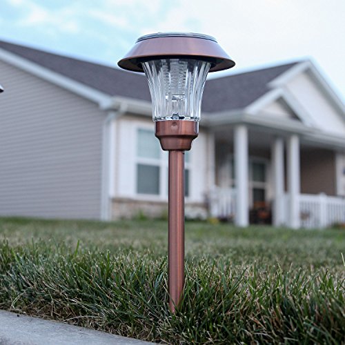 Set of 4 Copper Solar Path Lights with Super Bright Warm White LEDs and Garden Stakes, Water Resistant, Rechargeable Battery Included