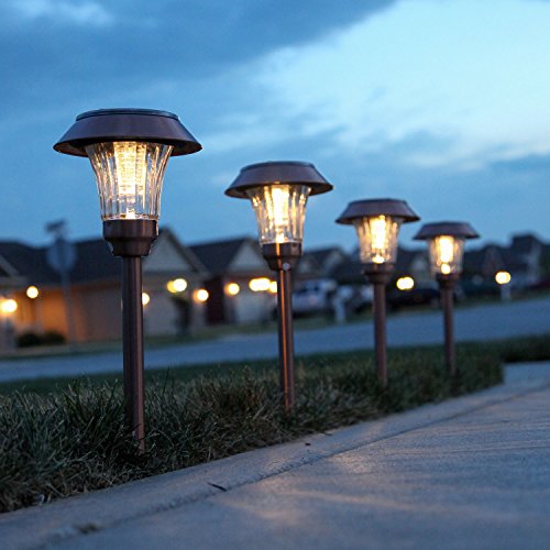 Set of 4 Copper Solar Path Lights with Super Bright Warm White LEDs and Garden Stakes, Water Resistant, Rechargeable Battery Included thumbnail