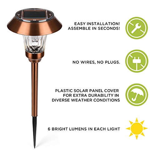 Set of 4 Copper Solar Path Lights with Super Bright Warm White LEDs and Garden Stakes, Water Resistant, Rechargeable Battery Included thumbnail