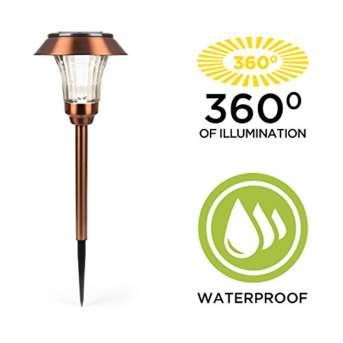 Set of 4 Copper Solar Path Lights with Super Bright Warm White LEDs and Garden Stakes, Water Resistant, Rechargeable Battery Included thumbnail