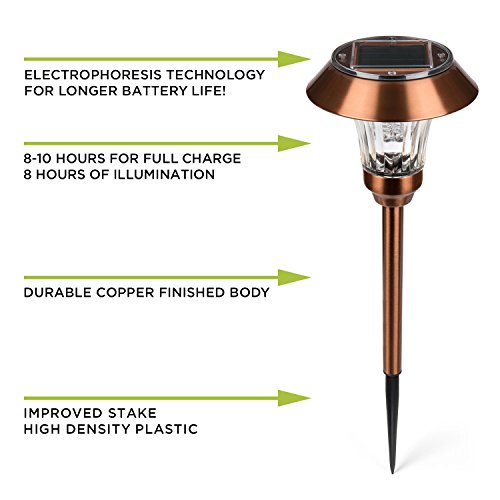 Set of 4 Copper Solar Path Lights with Super Bright Warm White LEDs and Garden Stakes, Water Resistant, Rechargeable Battery Included thumbnail