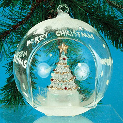 Glass Globe Christmas Tree Ornament LED Lighted - Decorated Tree Color Changing Lights Hand Painted with Glittery Merry Christmas, 5 Inch Diameter
