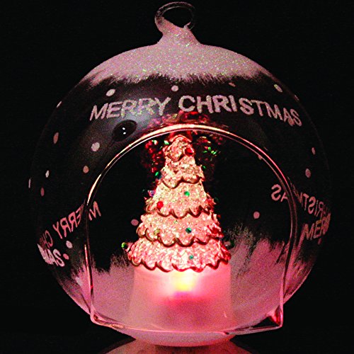 Glass Globe Christmas Tree Ornament LED Lighted - Decorated Tree Color Changing Lights Hand Painted with Glittery Merry Christmas, 5 Inch Diameter thumbnail