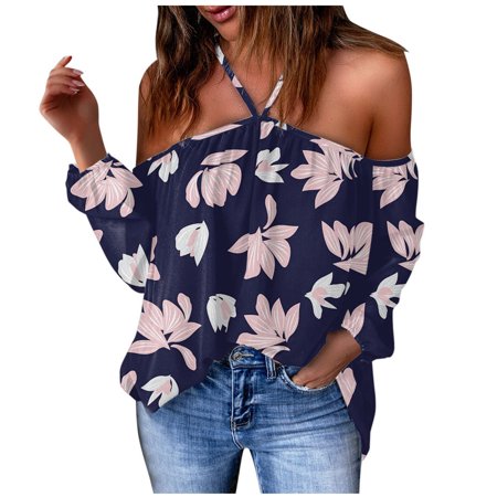 Onlywo Womens Tops Dressy Casual  Women S Summer Casual Long Sleeve Tops Sexy Off Shoulder Halter Neck Loose T Shirt Floral Print Trendy Comfortable B