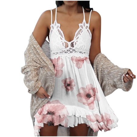 Casual Summer Dresses 2022 Womens Summer Casual Beach V Neck Sleeveless Sling Printing Lace Dress Trendy Summer Dresses 3252