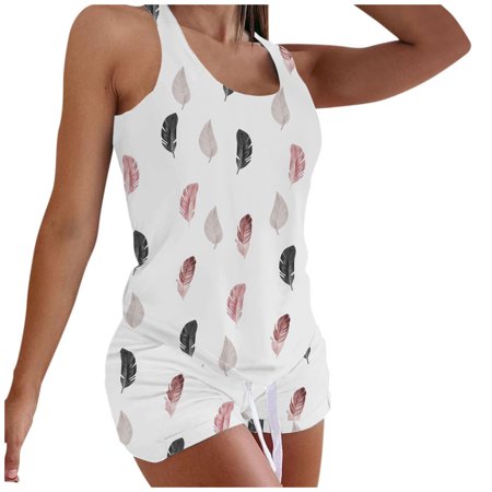 Roliyen Women Printing Sleeveless Set Casual Vest Two-Piece Suit