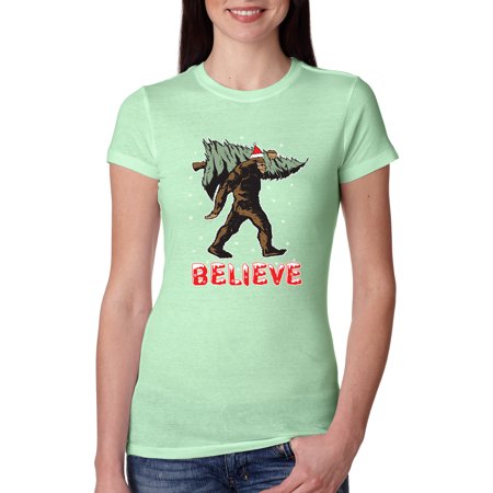 Wild Bobby  Believe Sanata Sasquatch Bigfoot  Christmas  Women Slim Fit Junior Tee  Mint  Small