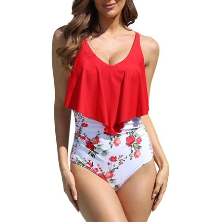 Womens One Piece Bathing Suit Loose Fit Swimwear Ruffled Vintage Swimsuits  S-XXL