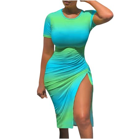 Womens Dresses Sun Dress Women S Sexy Summer Short Sleeve Round Neck Printed Drawstring Slitting Dress Sundresses for Women 2289