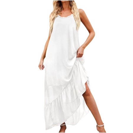 Dresses for Women  2022 Fashion Womens Summer High Low Ruffle Maxi Dress Spaghetti Strap Solid Flowy Beach Long Dress Cute Dresses for Women 0765