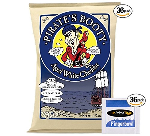 Pirate's Booty to Go Corn Puffs 0.5 Oz Snack Bags, Aged White Cheddar (Box of 36) W/ 36 Exclusive InPrimeTime Handwipes