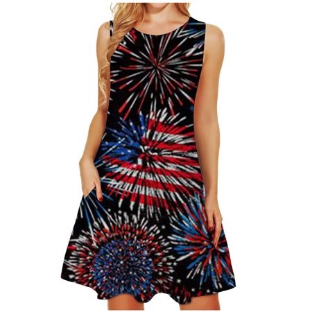 Independence Day Summer Dress 2022 Women Print Sleeveless Crewneck Tank Dress Casual 4th of July Dress American Flag Mini Dress with Pocket USA 1455