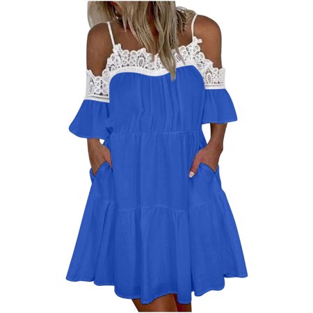 Womens Dresses Sun Dress Women S Sun Dress Off-the-shoulder Lace-paneled Dress a Line MIDI Dress Women Dress Sundresses for Women 0255