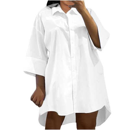 Dresses for Women Summer Button Down Shirt Women Three Quarter Sleeve Turndown Collar Solid Casual Loose Dress Dresses Sun Dresses 0708