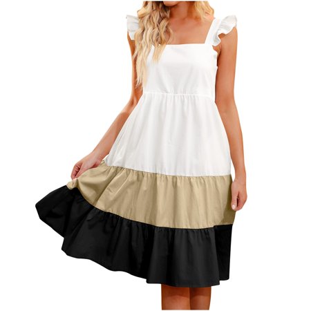 Womens Dresses Sun Dress Womens Solid Dress Summer Ruffle Strap Sleeveless Square Neck Patchwork Casual Swing Dresses Sundresses for Women 0134