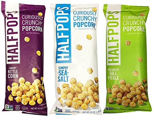 Halfpops Gluten Free Non-GMO Curiously Crunchy Popcorn Variety Pack of 3 (4.5 Ounce) Brooklyn Dill Pickle, Simply Sea Salt, and Angry Kettle Corn