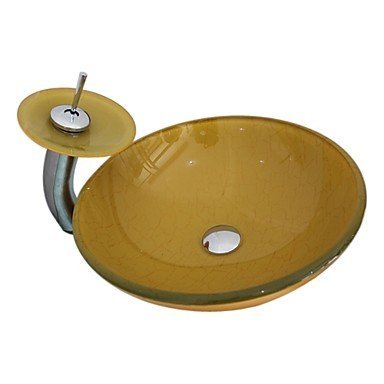 4256 Tempered Glass Vessel Round Sink with Pop-up Drain and Mounting Ring and Waterfall Faucet