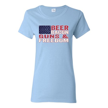 Wild Bobby Beer Bacon & Freedom Americana/American Pride Women Graphic Tee  Light Blue  Large
