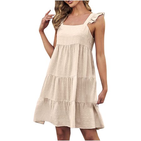 Dresses for Women  2022 Womens Solid Dress Summer Ruffle Strap Sleeveless Square Neck Casual Swing Dresses Cute Dresses for Women 0255