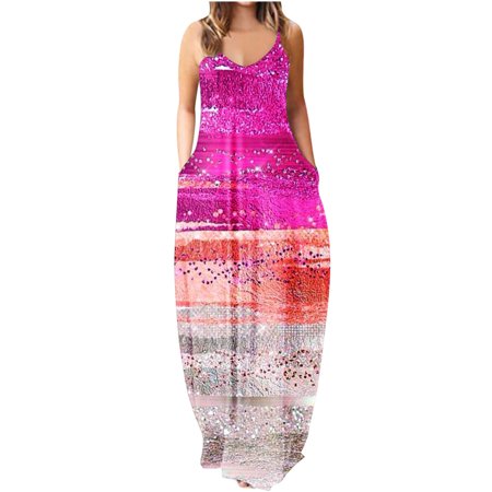 Onlywo Dresses for Women Fashion  Women Summer Sling Dresses Mid-waist V Neck Sleeveless Maxi Dress Floral Printing Slim Beach Long Dress