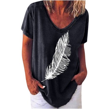 Onlywo Summer Tops for Women Casual  Women S Summer Casual Short Sleeve T Shirt V Neck Feather Print Trendy Loose Comfy Blouse Tops