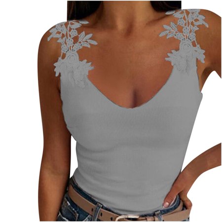 Onlywo Tops for Women Casual SummerWomen S Casual Vest Sexy Solid Color Lace Patchwork Sleeveless V Neck Tops Slimming Comfy Camis
