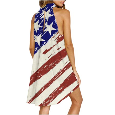 Independence Day Dress Womens Sleeveless Printed Round Neck Loose Irregular Mini Dress 4th of July Dress for Women Summer USA 0516