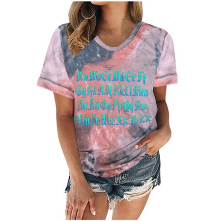 Onlywo Blouses for Women Plus Size  Women S Summer Short Sleeve T Shirt Letter Print Round Neck Tie Dye Tops Trendy Loose Tee Blouse
