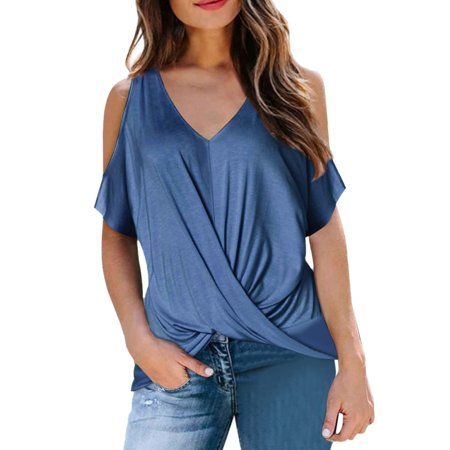 Onlywo Summer Tops for Women Casual  Women S Summer Casual Short Sleeve Tops Sexy Cold Shoulder Cross V Neck T Shirt Solid Color Trendy Loose Comforta