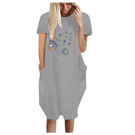 Womens Summer Dresses 2022 Women S Summer Print Casual Short Sleeve with Pocket Round Neck Loose Dress Casual Dresses for Women 3323