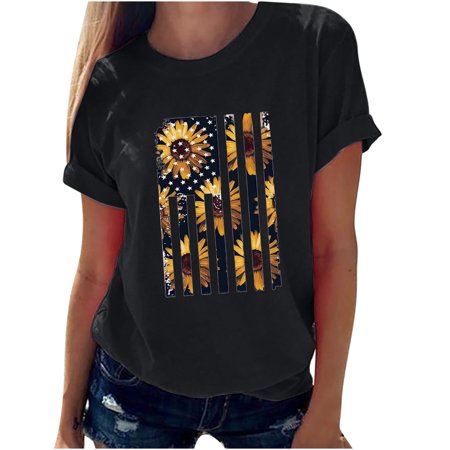Onlywo Women S Summer Casual T Shirt Short Sleeve Crew Neck Loose Pullover Independence Day Print Trendy Comfy Tops