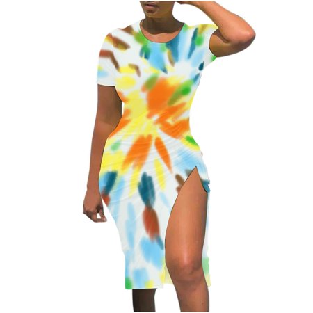 Dresses for Women  2022 Womens Fashion Summer Short Sleeve Round Neck Printed Drawstring Dress Cute Dresses for Women 1136