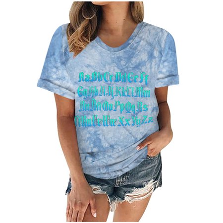 Onlywo Blouses for Women Plus Size  Women S Summer Short Sleeve T Shirt Letter Print Round Neck Tie Dye Tops Trendy Loose Tee Blouse